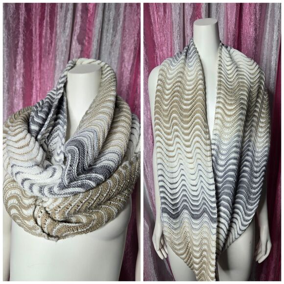Calvin Klein Knit Infinity Loop Tan Almond Acrylic Chevron Scarf 40x70 - Picture 1 of 8